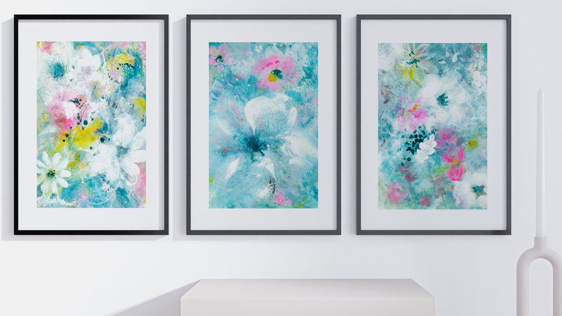 Daydreams, Contemplations and Reveries paintings by Lou Longworth in black frames on a wall
