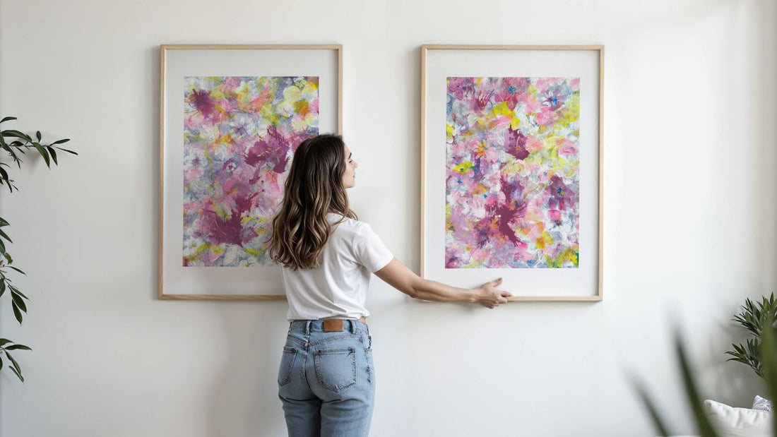A woman hanging two framed pieces of art on the wall