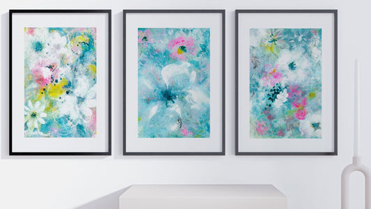 Daydreams, Contemplations and Reveries paintings by Lou Longworth in black frames on a wall